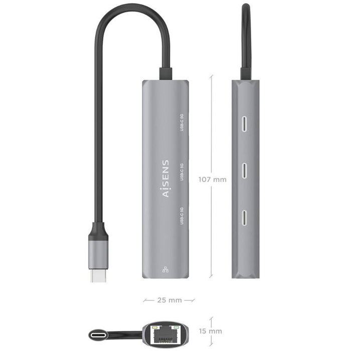 Aisens Dock USB-C a Ethernet Gigabit + Hub 3xUSB-C, Gris